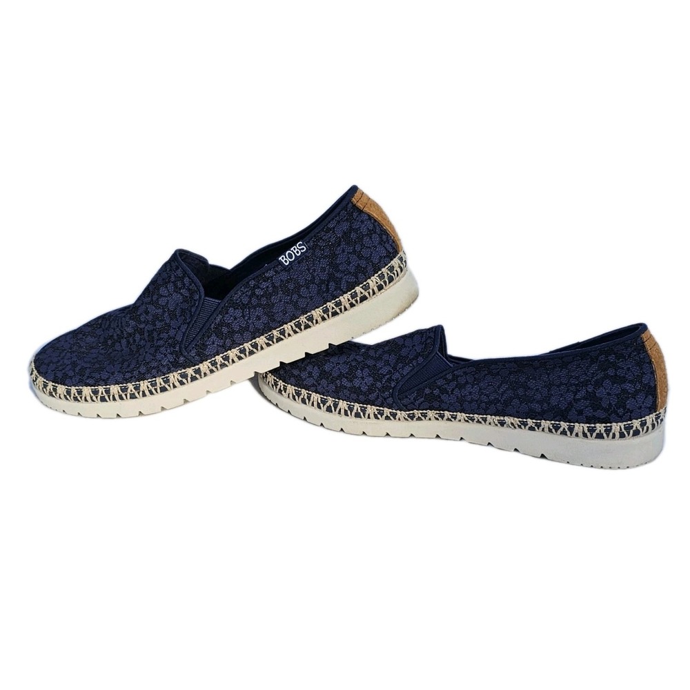 BOBS from SKECHERS Memory Foam Navy Lace Slip-On Comfort Shoes Sz. 7M